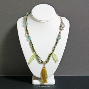 New -N4 - Nephrite fish pendant, glass beads, Hill Tribe silver clasp - necklace